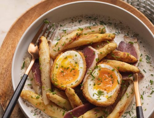 Recette : Entrée fraîche magret séché, œuf mollet et asperges